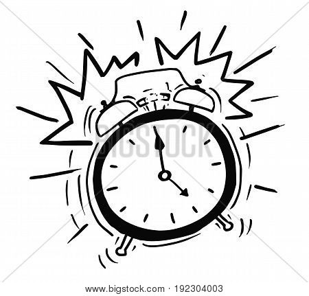 Cartoon vector illustration of classic alarm clock ringing in 5am in the morning