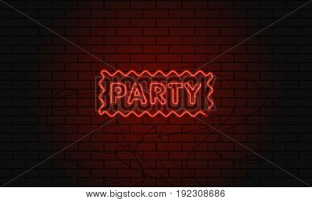 Neon sign party in wave area on brick wall background.