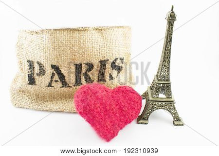 Eiffel tower of Paris '' The city of love '' and a heart on a white background.
