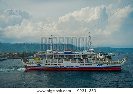 BALI, INDONESIA - APRIL 05, 2017: Ferry in Banyuwangi Gilimanuk in Ubud, Bali Indonesia.