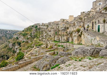 The cave-town Sasso Caveoso at the edge of La Gravina - Matera Basilicata Italy