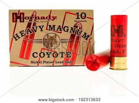 Winneconne WI -11 June 2017: A box of Hornady heavy magnum coyote ammo on an isolated background