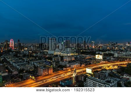 Cityscape And Light Of Night Road In Long Exposure
