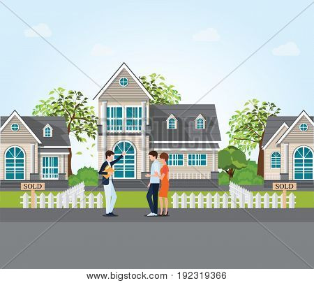 Real estate agent showing new house to couple real estate conceptual vector illustration.