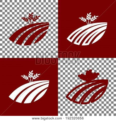 Wheat field sign. Vector. Bordo and white icons and line icons on chess board with transparent background.