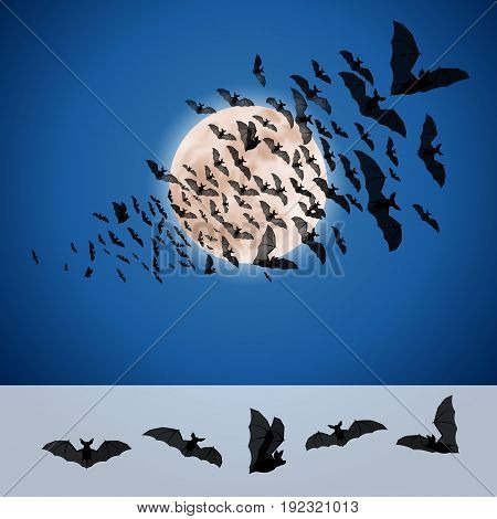 Set of Bats for Halloween isolated on a Moon Background