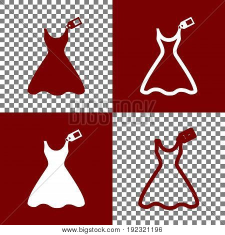 Woman dress sign with tag. Vector. Bordo and white icons and line icons on chess board with transparent background.