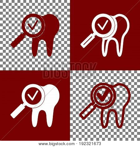 Tooth icon with arrow sign. Vector. Bordo and white icons and line icons on chess board with transparent background.