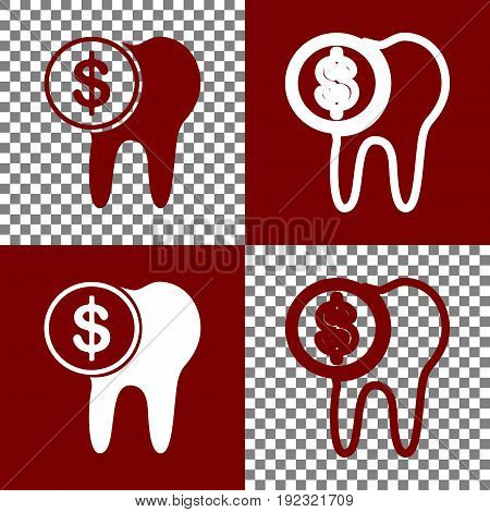 The cost of tooth treatment sign. Vector. Bordo and white icons and line icons on chess board with transparent background.