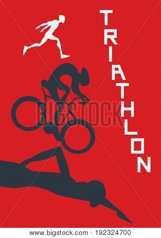 Poster for triathlon competitions. Vector illustration with runner, cyclist and swimmer on red background.