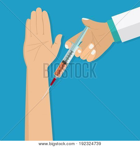 Doctor hand with syringe making vaccination of patient. Healthcare, hospital and medical diagnostics. Vector illustration in flat style