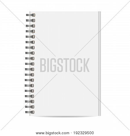 Blank realistic closed spiral notebook isolated on white background. Vertical copybook. Template mock up of organizer or diary. Vector