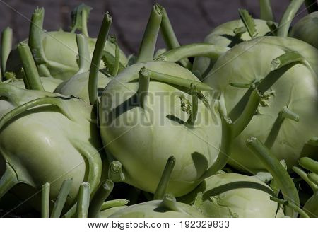 detail of fresh kohlrabi on tle local vegetable market