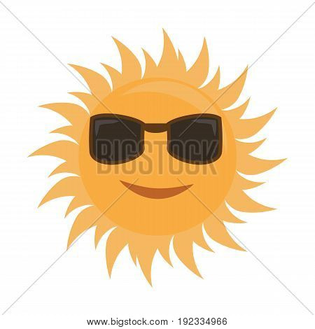 Happy cartoon style sun is smiling with sunglasses. Illustrated vector