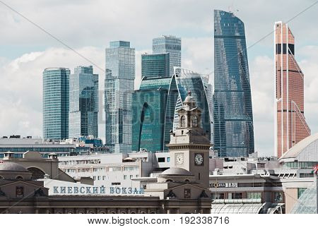 MOSCOW RUSSIA - JUNE 6 2017: Kievsky train station and international business center 