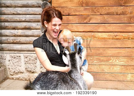 Woman With Child Who Pat The Goat At The Zoo