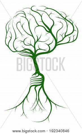 A brain shaped tree growing from lightbulb shaped roots