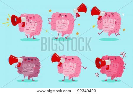 cute cartoon intestine take microphone on the green background