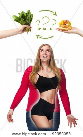Unhealthy and healthy food. The oncept of dieting and healthy lifestyle for fat woman