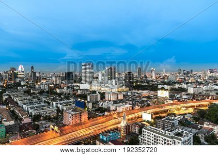 Cityscape And Light Of Night Road In Long Exposure