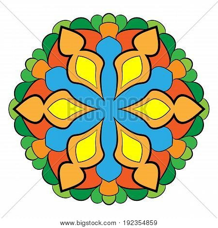 Contour mandala for color book. A repeating pattern in the circle. Symmetrical elements. A beautiful illustration for scrapbook. The template for printing on fabric. Picture for meditations and relaxation.