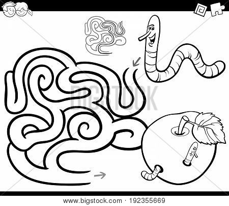 Maze With Worm And Apple Coloring Page