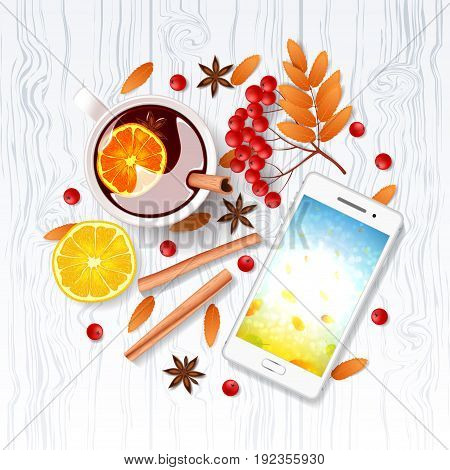 Autumn beautiful background with wooden texture. Top view on composition with cup of mulled wine, cinnamon sticks, rowan, and orange. Vector illustration.