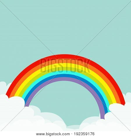 Rainbow in the sky. Fluffy cloud in corners. Cloudshape. Cloudy weather. LGBT gay symbol sign. Flat design. Blue background. Isolated Vector illustration