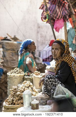 HARAR, ETHIOPIA-MARCH 31, 2017: Unidentified merchants sell spices in Harar, Ethiopia