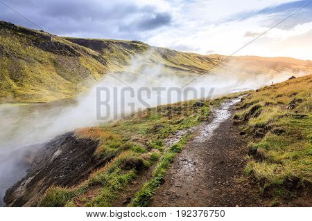 Hiking trail along Hot River in Reykjadalur Valley in South Iceland