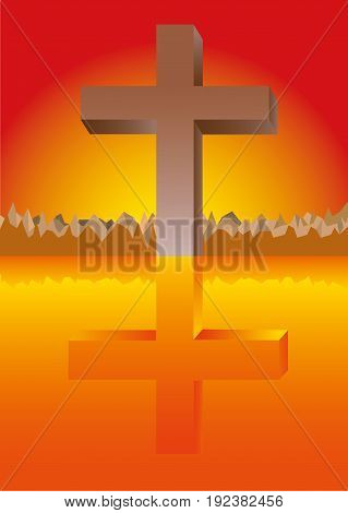 Christian cross vector illustration with yellow red background
and reflection with copy space for your own writing