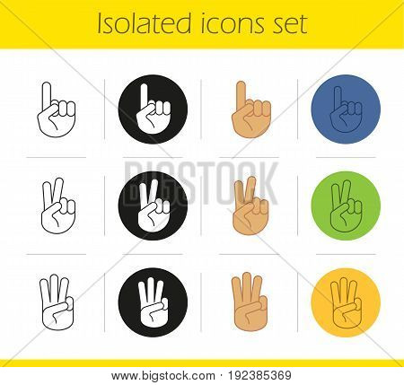Hand gestures icons set. Linear, black and color styles. One, two, three fingers up. Isolated vector illustrations