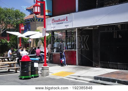 May 22 2017. Los Angeles California. Los Angeles Chinatown's only hamburger shoppe serving many customers in sunny California.