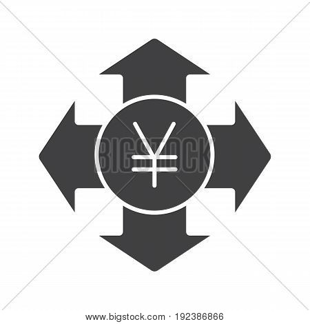 Money spending glyph icon. Expanses silhouette symbol. Japanese yen with all direction arrows. Negative space. Vector isolated illustration
