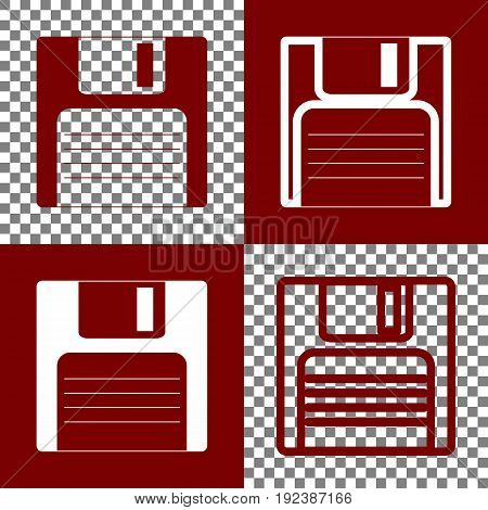 Floppy disk sign. Vector. Bordo and white icons and line icons on chess board with transparent background.