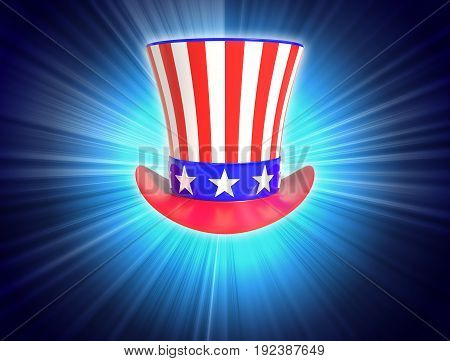 Patriotic Uncle Sam Hat 4th of July on blue light background with copy space.