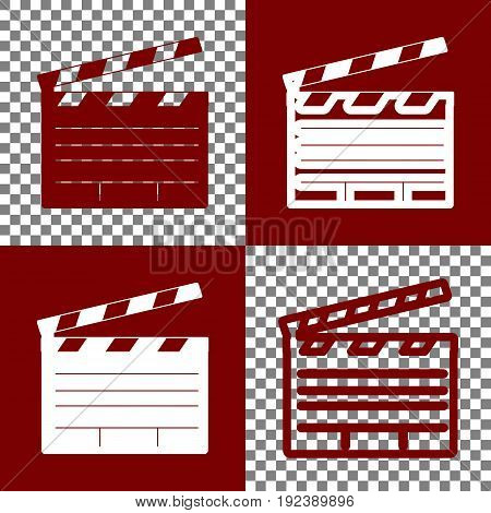 Film clap board cinema sign. Vector. Bordo and white icons and line icons on chess board with transparent background.