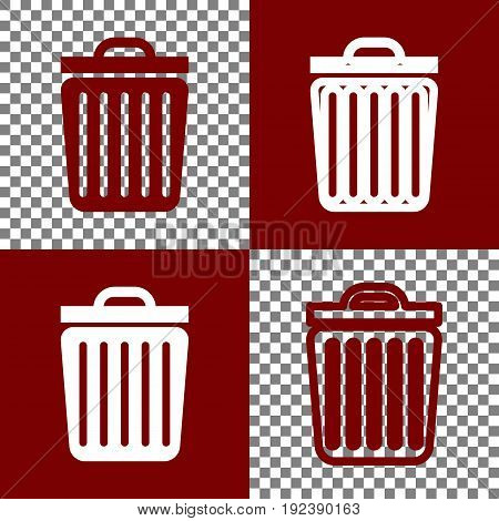 Trash sign illustration. Vector. Bordo and white icons and line icons on chess board with transparent background.