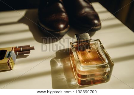 Man Collection. Cigarettes, Cologne, Shoes On White Table. Prewedding Bisness Time.