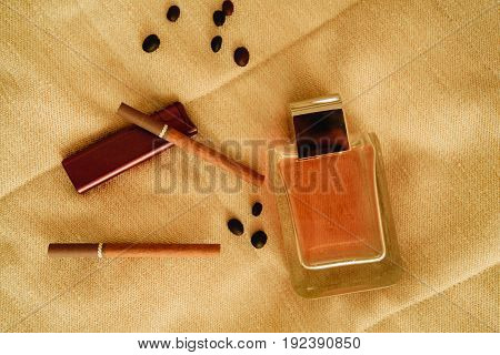 Man Collection. Cigarettes, Cologne On Skirt. Top View.
