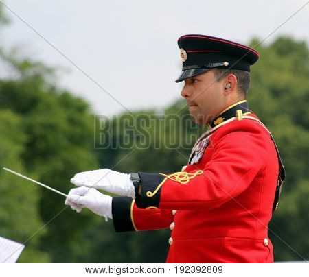 Sandhurst, Uk - June 18 2017: Conductor Of The Military Band Of The Corps Of Royal Engineers