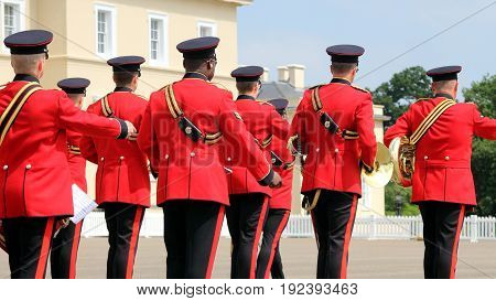 Sandhurst, Uk - June 18 2017: Military Marching Band Of The Corps Of Royal Engineers Leaving The Par