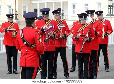 Sandhurst, Uk - June 18 2017: Military Marching Band Of The Corps Of Royal Engineers Preparing To Pl
