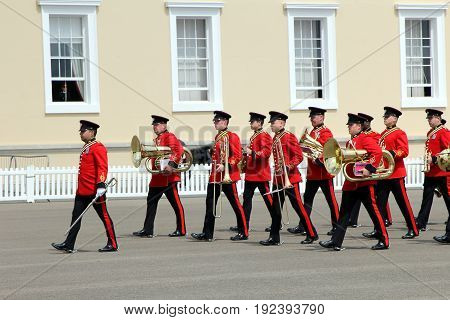 Sandhurst, Uk - June 18 2017: Militruy Marching Band Of The Corps Of Royal Engineers Entering A Para