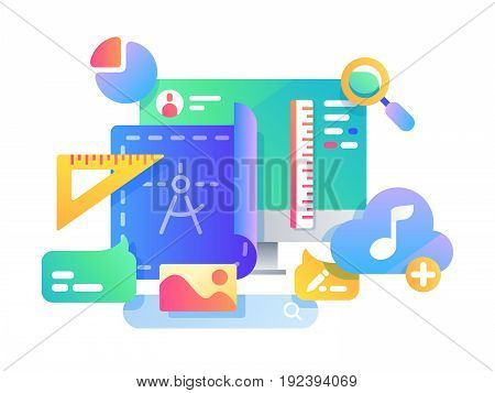 Process of creating web page design, adding service icons to application. Vector illustration