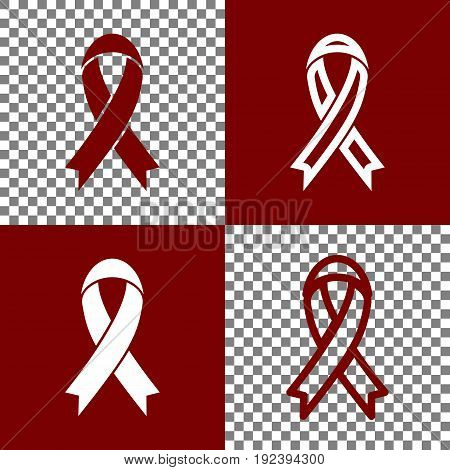 Black awareness ribbon sign. Vector. Bordo and white icons and line icons on chess board with transparent background.