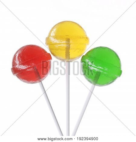 Red, yellow and green lollipops isolated on white background. 3d illustration