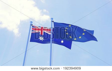 Australia and European Union, two flags waving against blue sky. 3d illustration