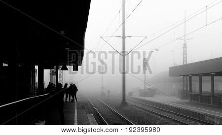 a foggy morning at the train station of Boeblingen