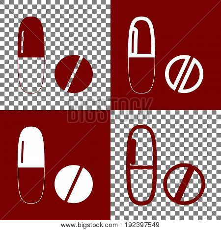 Medical pills sign. Vector. Bordo and white icons and line icons on chess board with transparent background.
